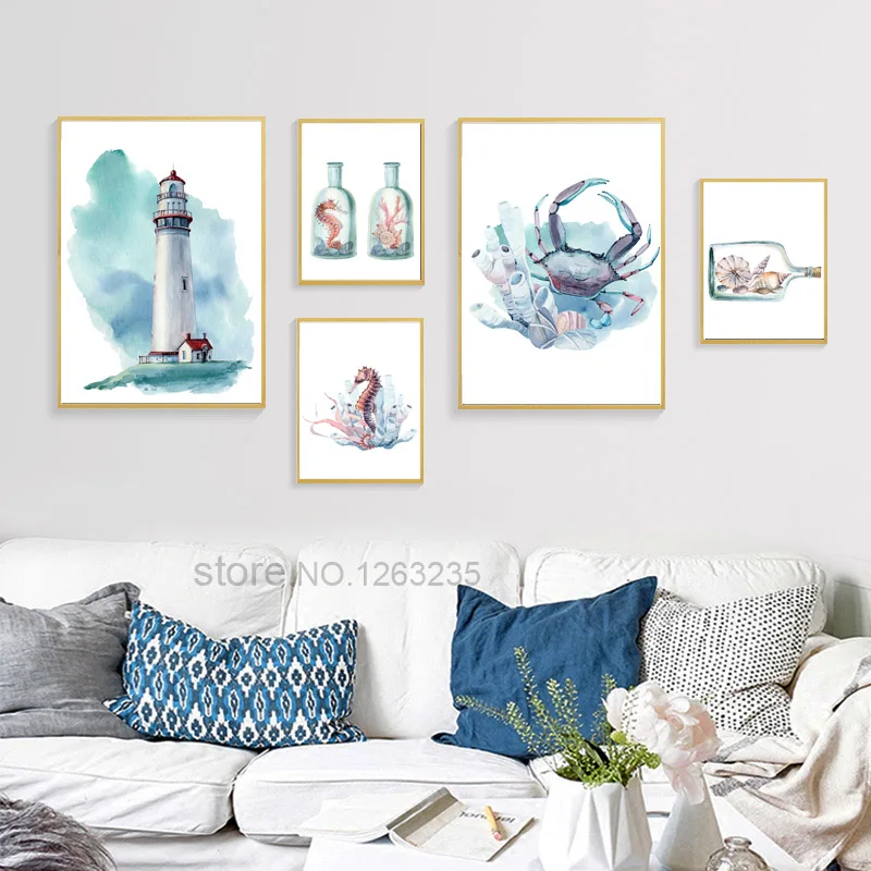 Seahorse скандинавский постер Коралловый краб Картина на холсте ракушка настенные