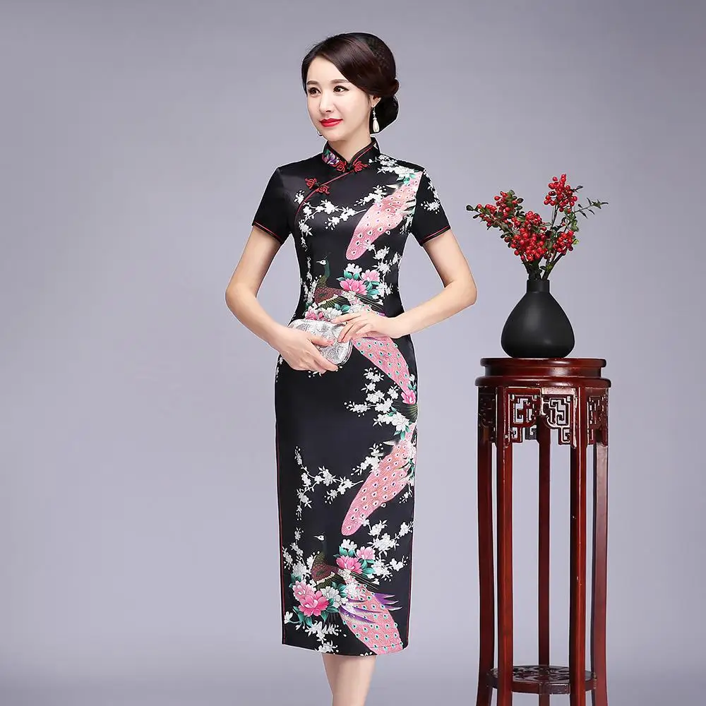 Винтаж для женщин печати Cheongsam классический цветок атласное платье китайский стиль шоу на сцене платья для платья большого размера Qipao Vestido 5XL 6XL - Цвет: Short Sleeve 6