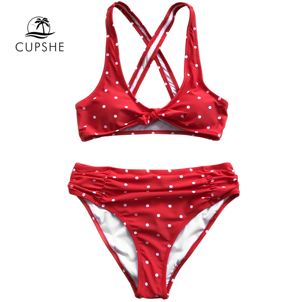Женский купальник бикини CUPSHE красный и белый горошек с перекрестными завязками 2