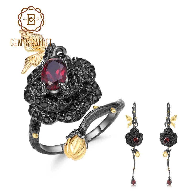 

GEM'S BALLET 2.76Ct Natural Garnet Open Ring Earrings Set 925 Sterling Silver Handmade Black Rose Flower Jewelry Sets For Women