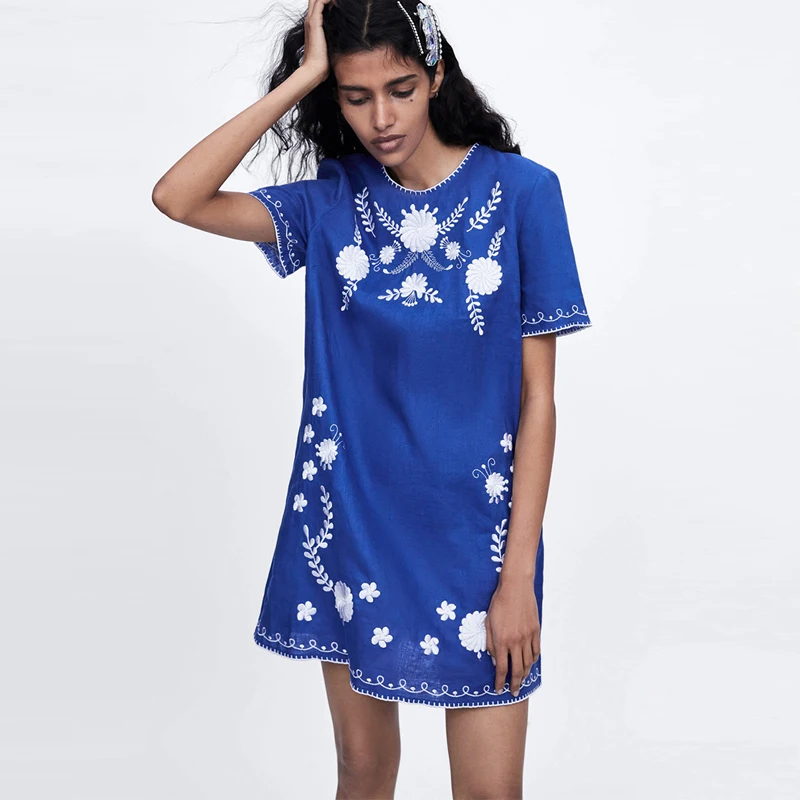 TEELYNN boho Платье синее хлопковое и льняное платье с цветочной вышивкой круглым