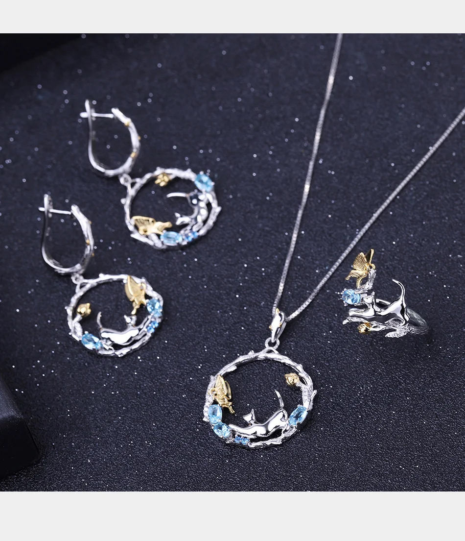 GEM'S BALLET, 1.17Ct, натуральный Швейцарский Голубой Топаз, серьги, 925 пробы, серебро, ручная работа, кошачий и Купидон, висячие серьги для женщин, бижутерия