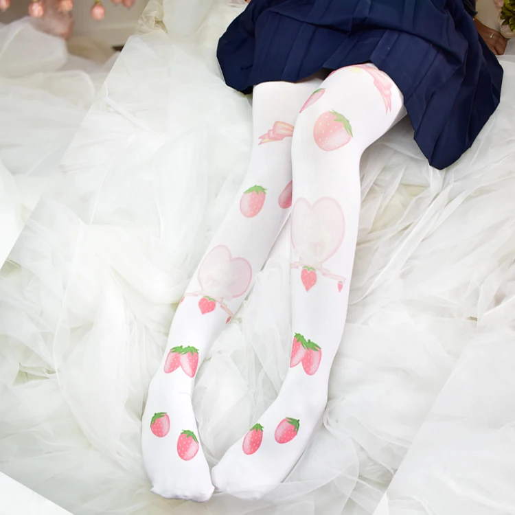 Сладкая Лолита колготки женские белые колготки Kawaii клубника печатные осенне-зимние Чулки Бархатные Теплые Аниме Косплей Колготки