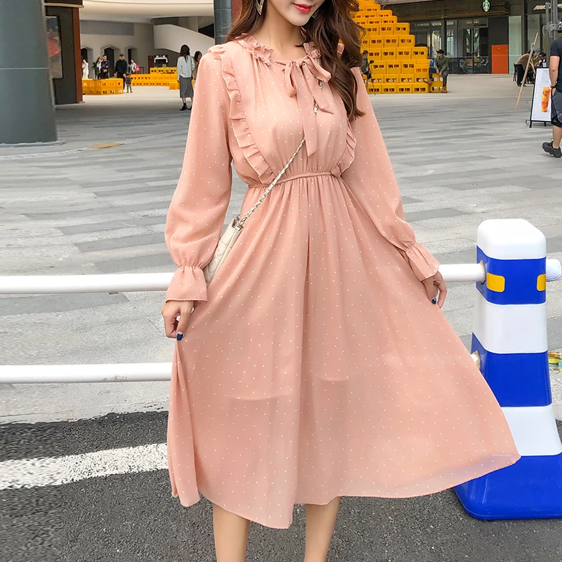 Элегантный горошек свободный рукав с принтом женские длинные платья весна 2019