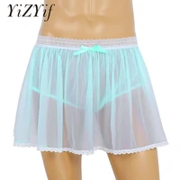 men sissy skirt panties sexy lingerie elastic lace waist see through sheer ruffled sissy crossdress short skirt sissy panties