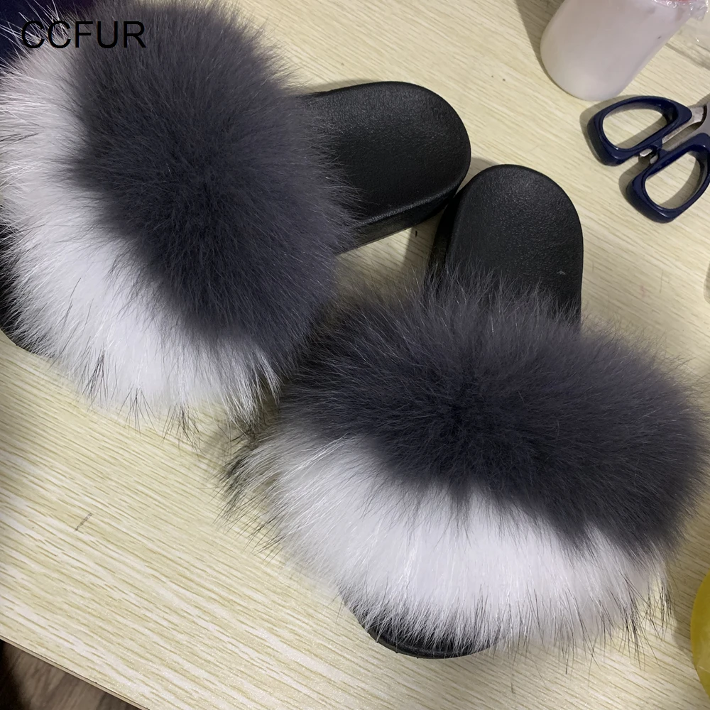 CCFUR New Colors Summer Slides Women's Real Fox Fur Slippers Fluffy Fur Sliders Mixed Color Fashion Lady S6048