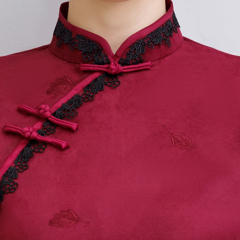 

Fashion 2019 Knee Length Cheongsam Chinese style Mandarin Collar Dress Womens Winter Suede Qipao Slim Party Dresses Vestido