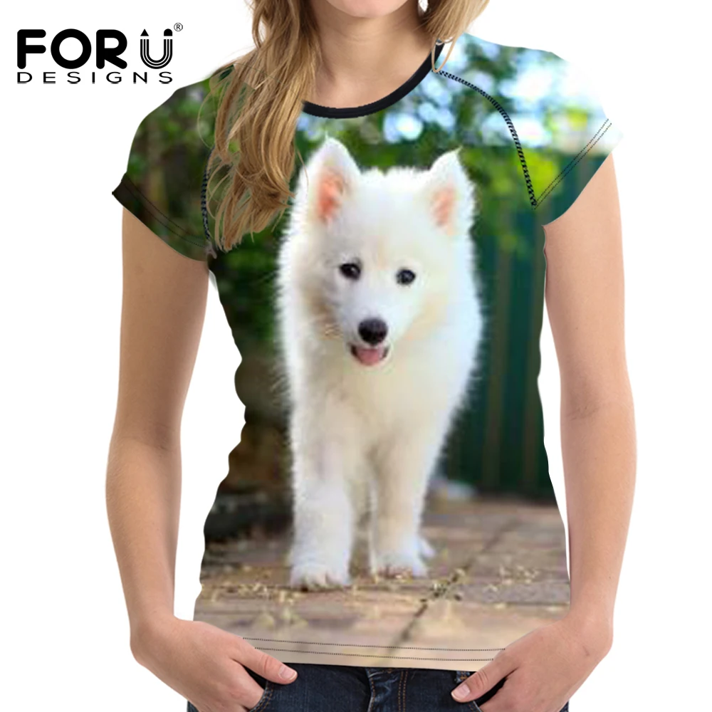 FORUDESIGNS/Милая женская футболка с 3D изображением собаки Samoyed летние повседневные