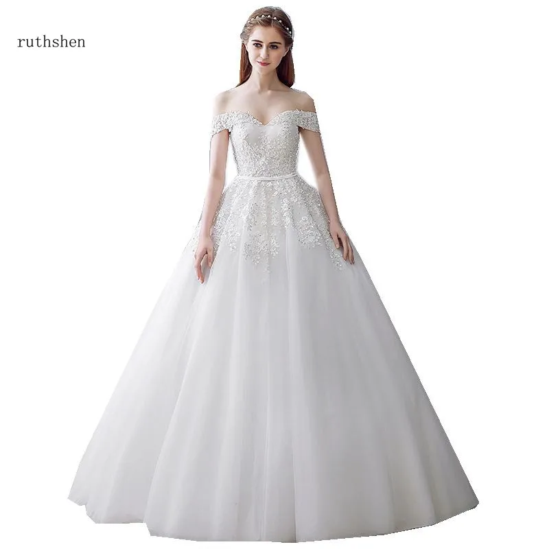 

ruthshen Off The Shoulder Puffy Ball Gown A-line Bridal Dresses Appliques Beaded Vestido De Noiva Wedding Dresses Sweep Train