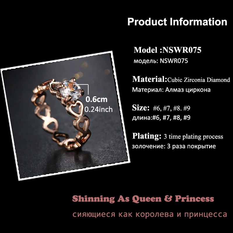 Мода Hallow сердце дизайн розовое золото цвет кольцо для влюбленных с 1ct CZ кубического циркония Любовь кольцо для помолвки перстень AR075