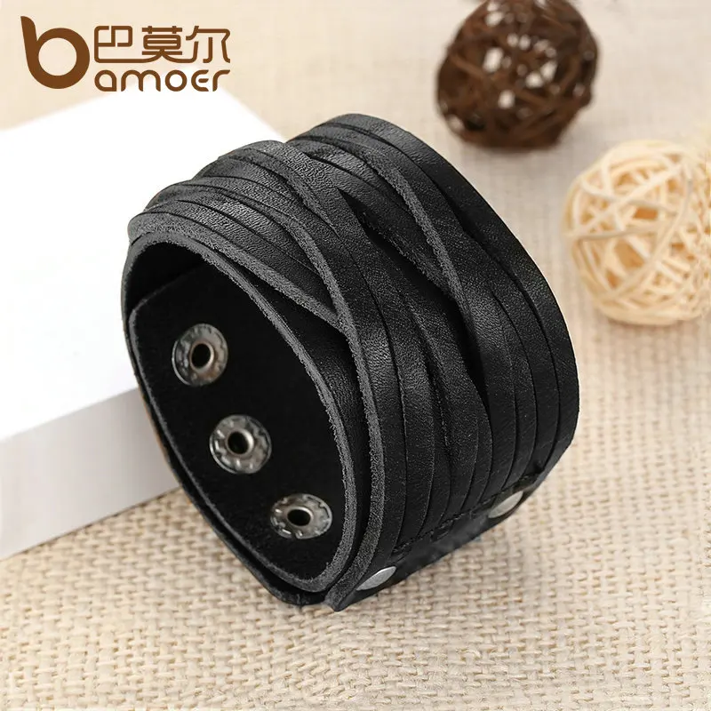 BAMOER Women & Men Bracelets Jewelry PI0337-1: Adjustable Black & Brown Genuine Leather Bracelet with Alloy Buckle for Fashionable Style image 5