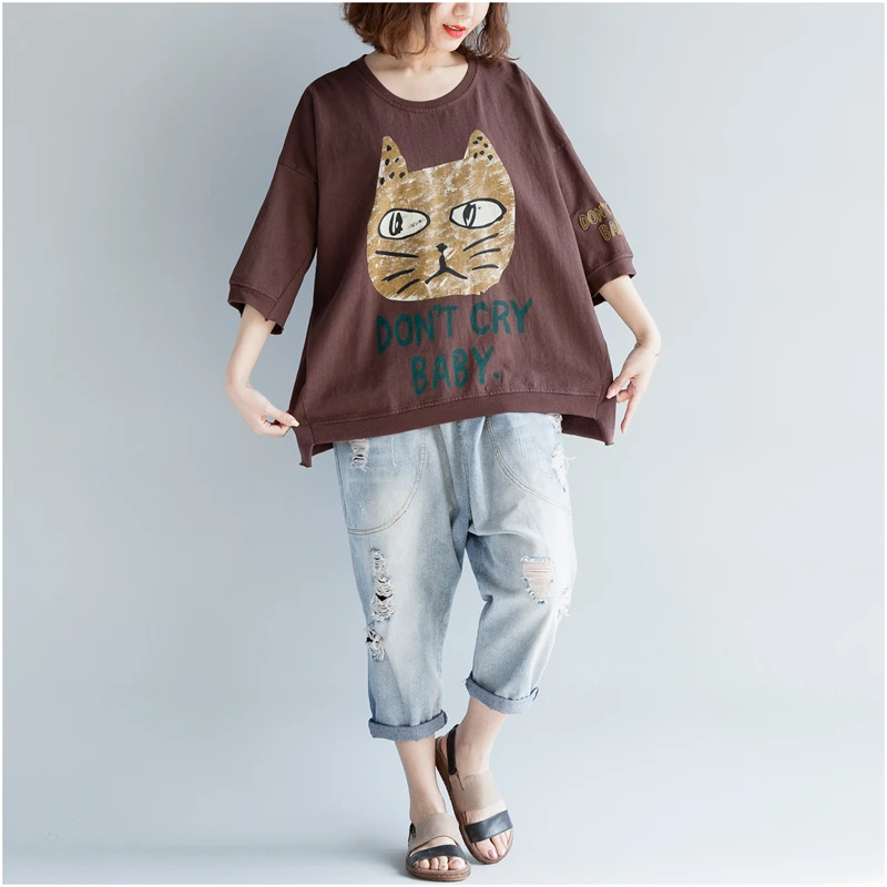 Большие размеры Kawaii Cat с буквенным принтом Футболки женские harajuku большие 4XL 5XL