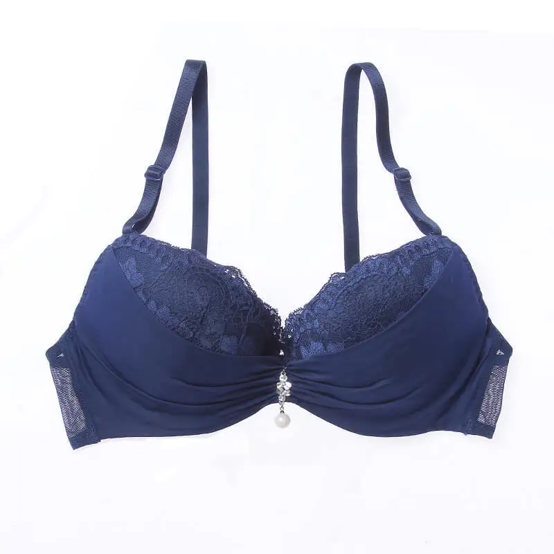 Lilymoda, стразы, сексуальный комплект с бюстгальтером, для женщин, кружево, жемчуг, складка, на косточках, пуш-ап, женское нижнее белье, бюстгальтер, трусики, набор - Цвет: BLUE Bra