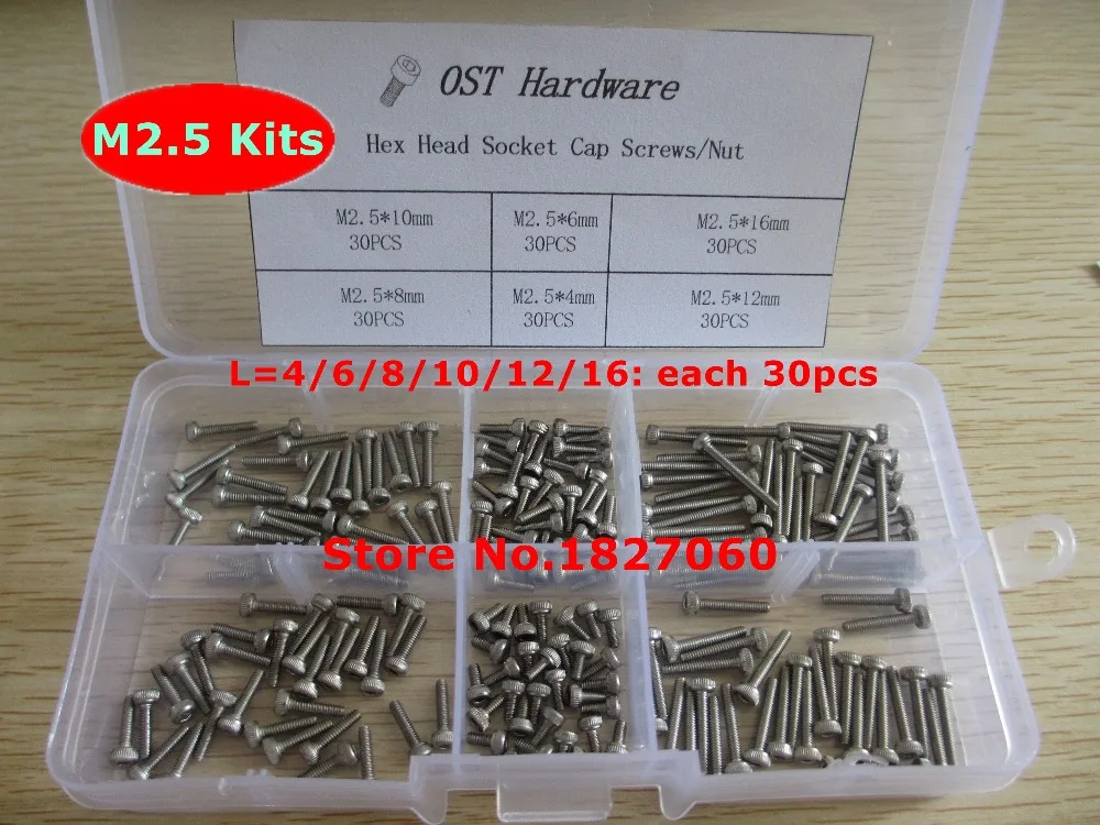 

180pcs M2.5 Screw Kits DIN912 Allen Bolts Hex Socket Head Cap Screw Assortment Kit M2.5*4/6/8/10/12/16mm