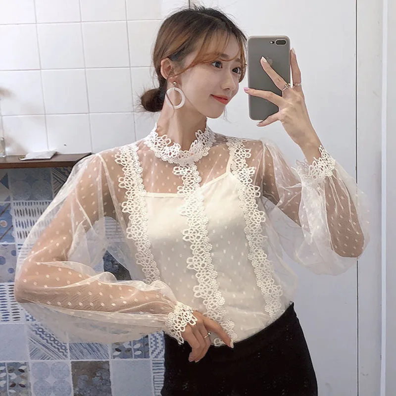 Young Gee Spring Women Lace Floral Embroidery Blouses Shirt Sexy Mesh Tops See-through Long Sleeve Shirts blusa camisas mujer