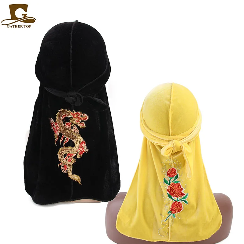 Новый модный бархатный Durag с вышивкой дракона и цветов 2 шт. в одном наборе| |
