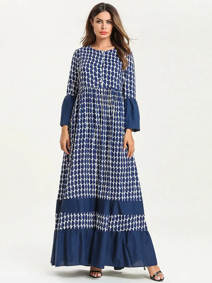 Длинное платье с этническим принтом элегантные винтажные платья круглым вырезом