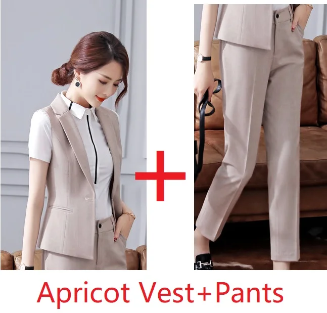 Apricot Элегантный абрикосовый форменный дизайн, женские блейзеры, брючные костюмы с топом и штанами для дам, офисный жилет и жилет, женские Рабочие комплекты - Цвет: Apricot
