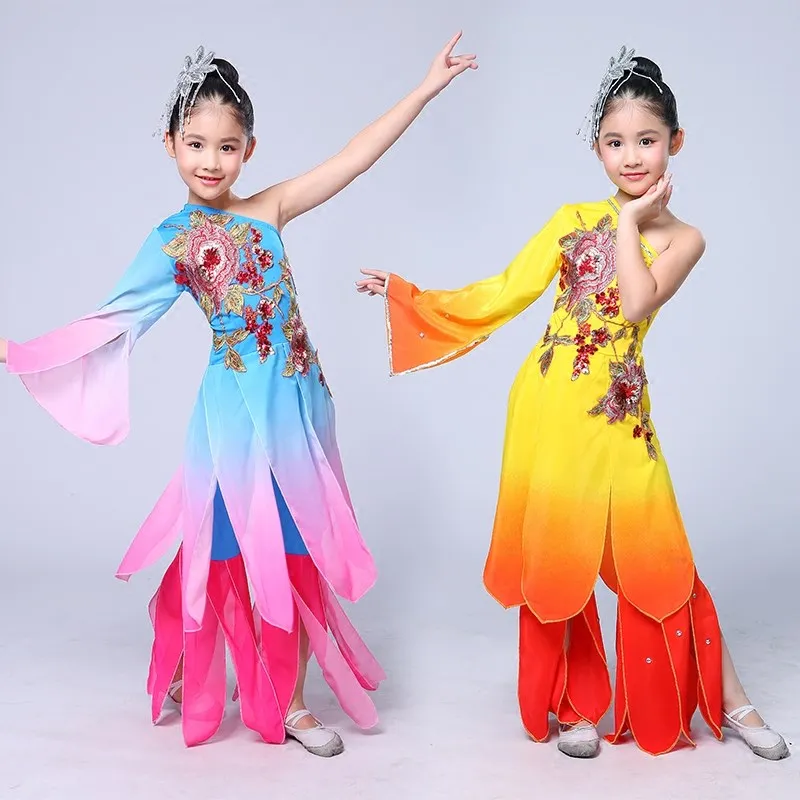 

Китайские танцевальные костюмы для девочек, одежда для сцены, китайское платье ханьфу, сценический костюм для детей, Древний китайский кост...