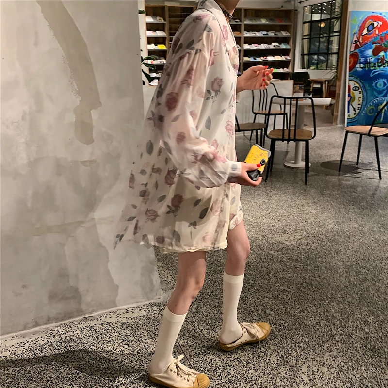 2019 летнее платье в Корейском стиле с цветочным принтом Длинные рукава блузки