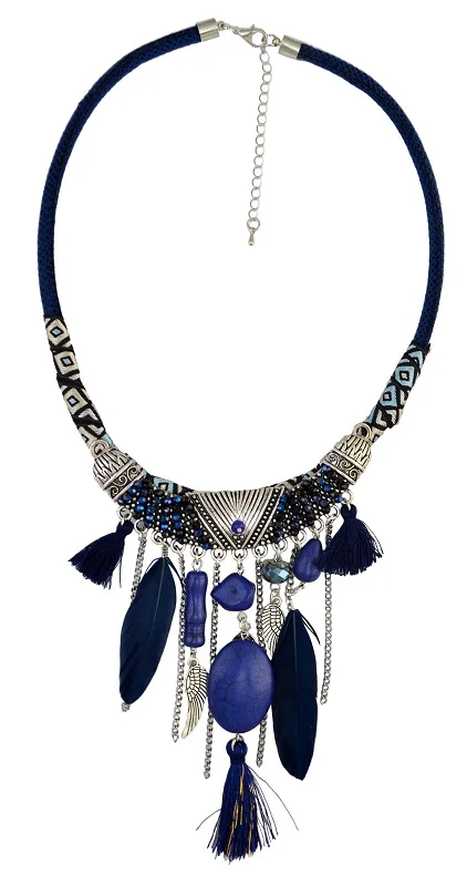 Bohemian Ethnic Thread Long Tassel Bib Necklaces African String Feather Wing Maxi Necklace Statement For Women Jelwery - Окраска металла: N-6467-BL