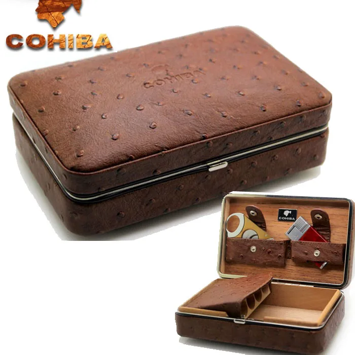

Wood & Leather cigar humidors,cutter,Inflatable windproof gas lighter set Portable travel Cigar box,case