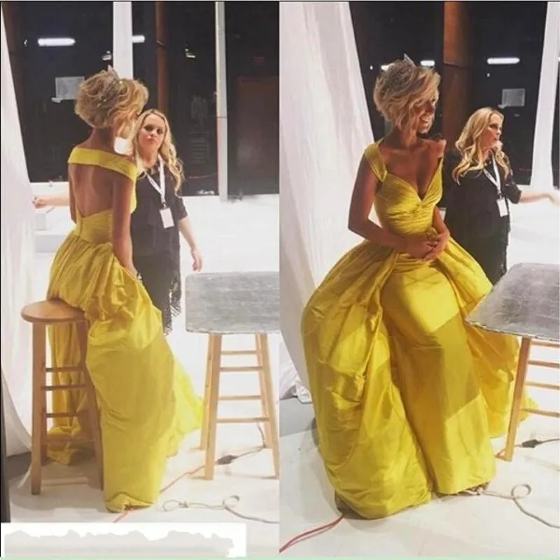 

Robe De Soiree long off the shoulder sexy v neck backless yellow prom dress 2020 taffeta ruched prom dresses evening gowns