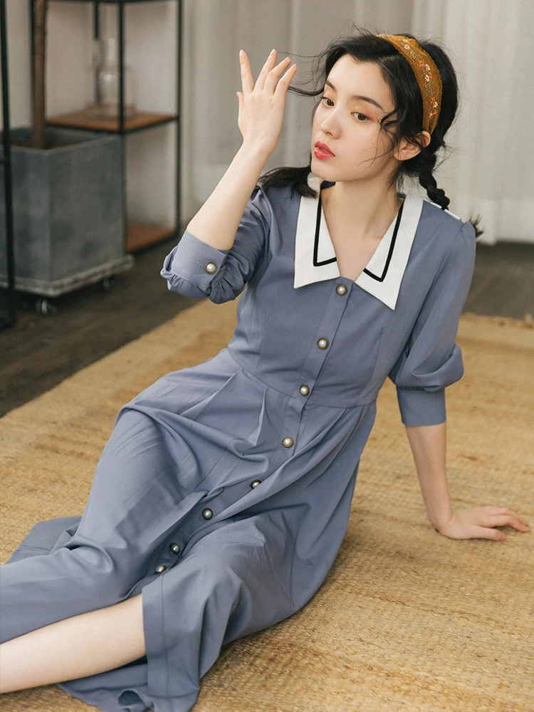 Ubei 2019 Весна Осень Новый женский французский стиль ретро платье Мода синий