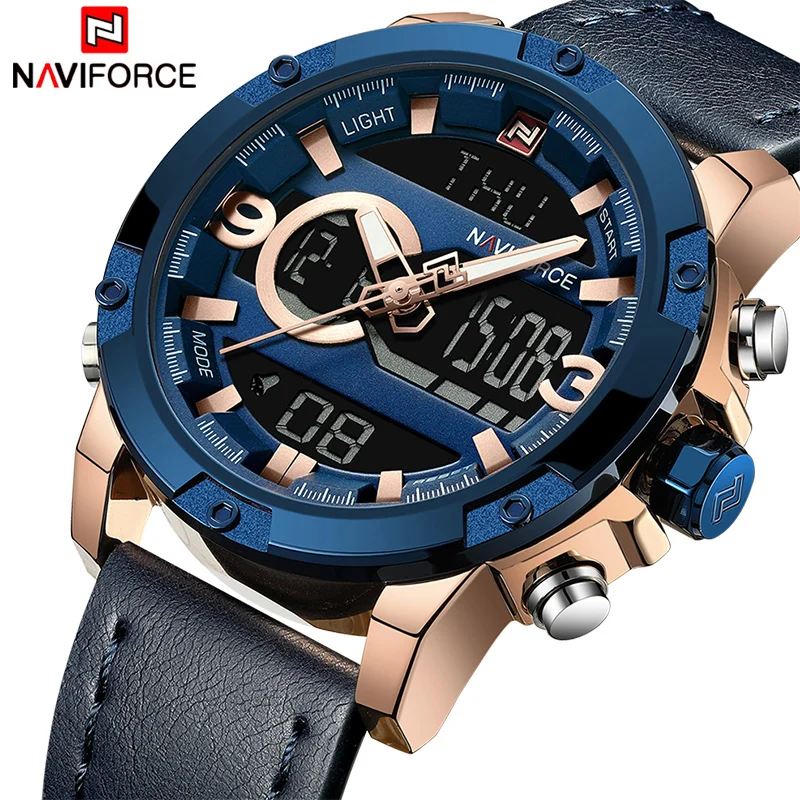 NAVIFORCE 9097 мужские военные спортивные часы кожаные водонепроницаемые кварцевые
