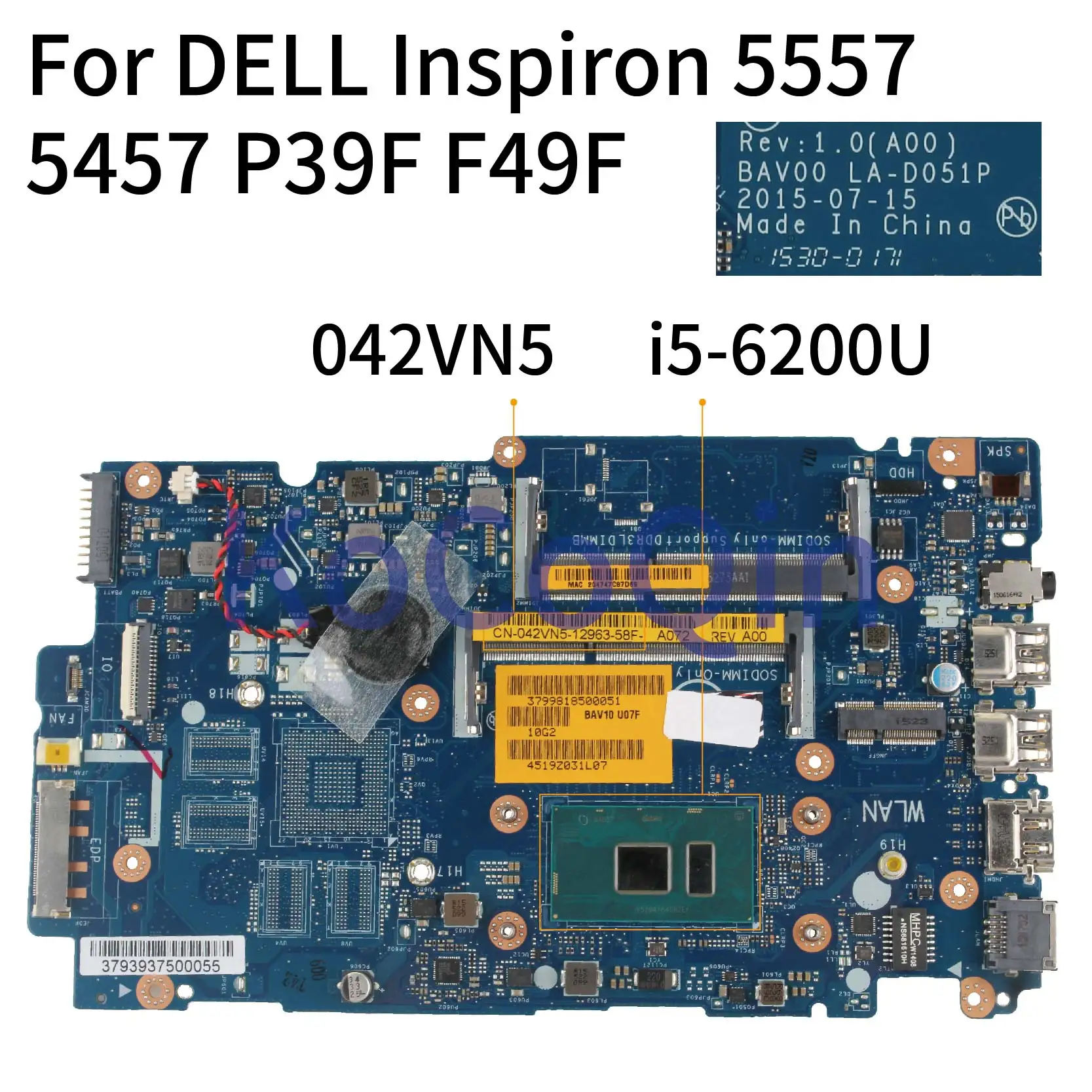 KoCoQin материнская плата для ноутбука DELL Inspiron 5557 5457 P39F F49F I5 6200U CN 042VN5 LA D051P