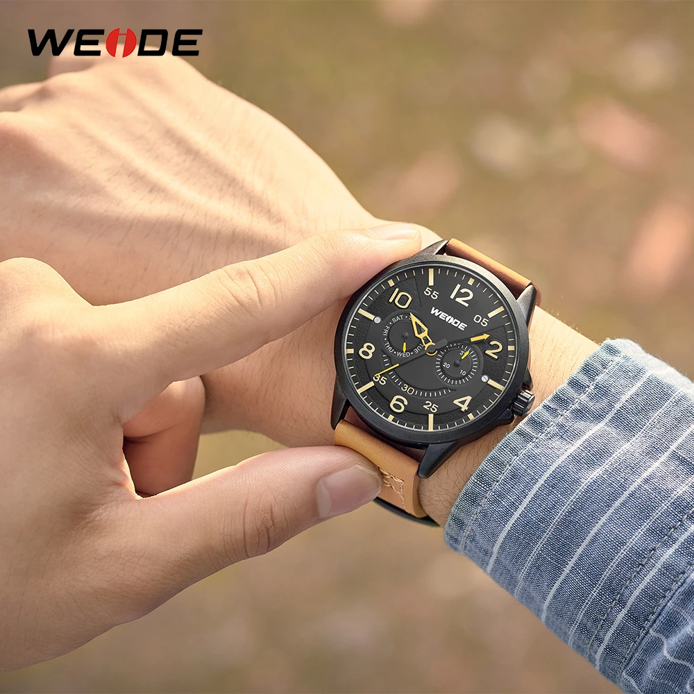 WEIDE Роскошная модная модель Мужские Аналоговые кожаные спортивные армейские военные кварцевые мужские наручные часы