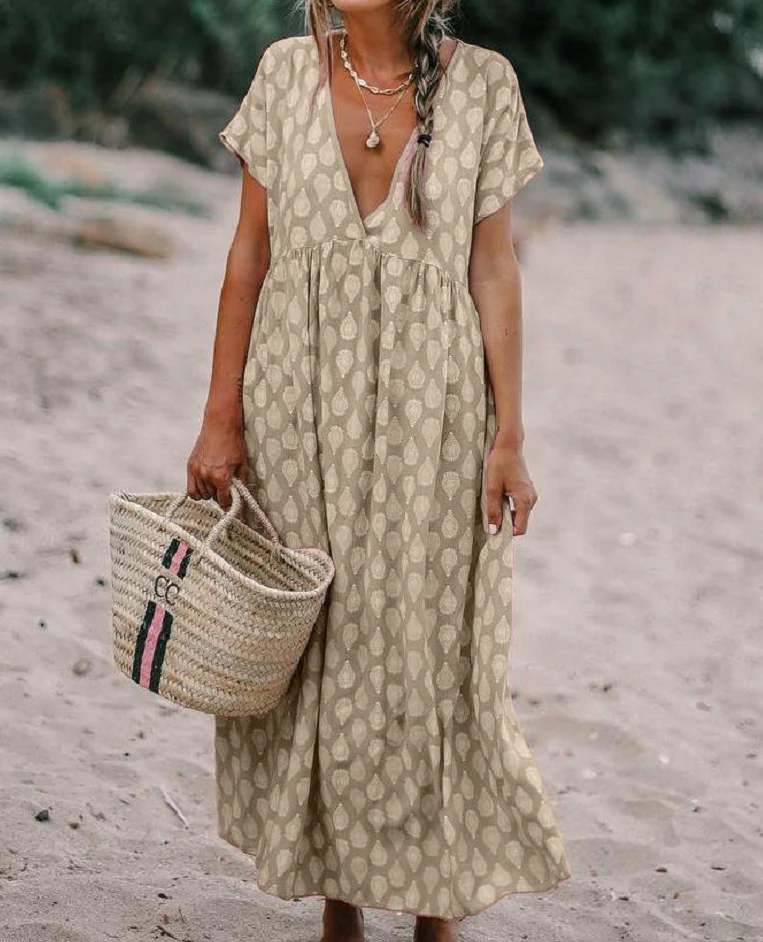 Женское пляжное макси-платье с v-образным вырезом и коротким рукавом летнее