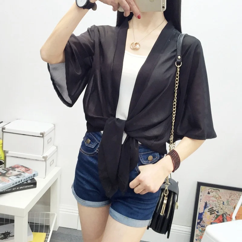 

Chiffon Kimono Cardigan Casual Half Sleeve Loose Black Women Blouses Shirts Plus Size Summer Women Tops Outerwear