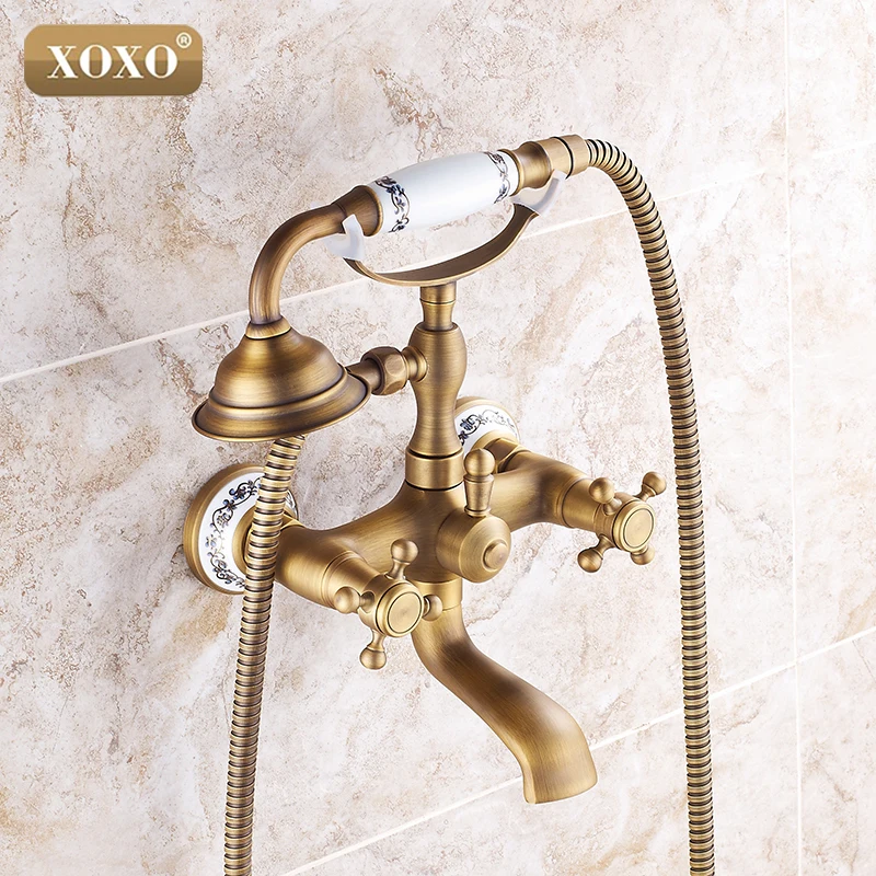 

XOXOAntique латунный настенный смеситель для душа для ванной комнаты, телефонный смеситель для ванны с ручным душевым краном, краны 50047BT-1