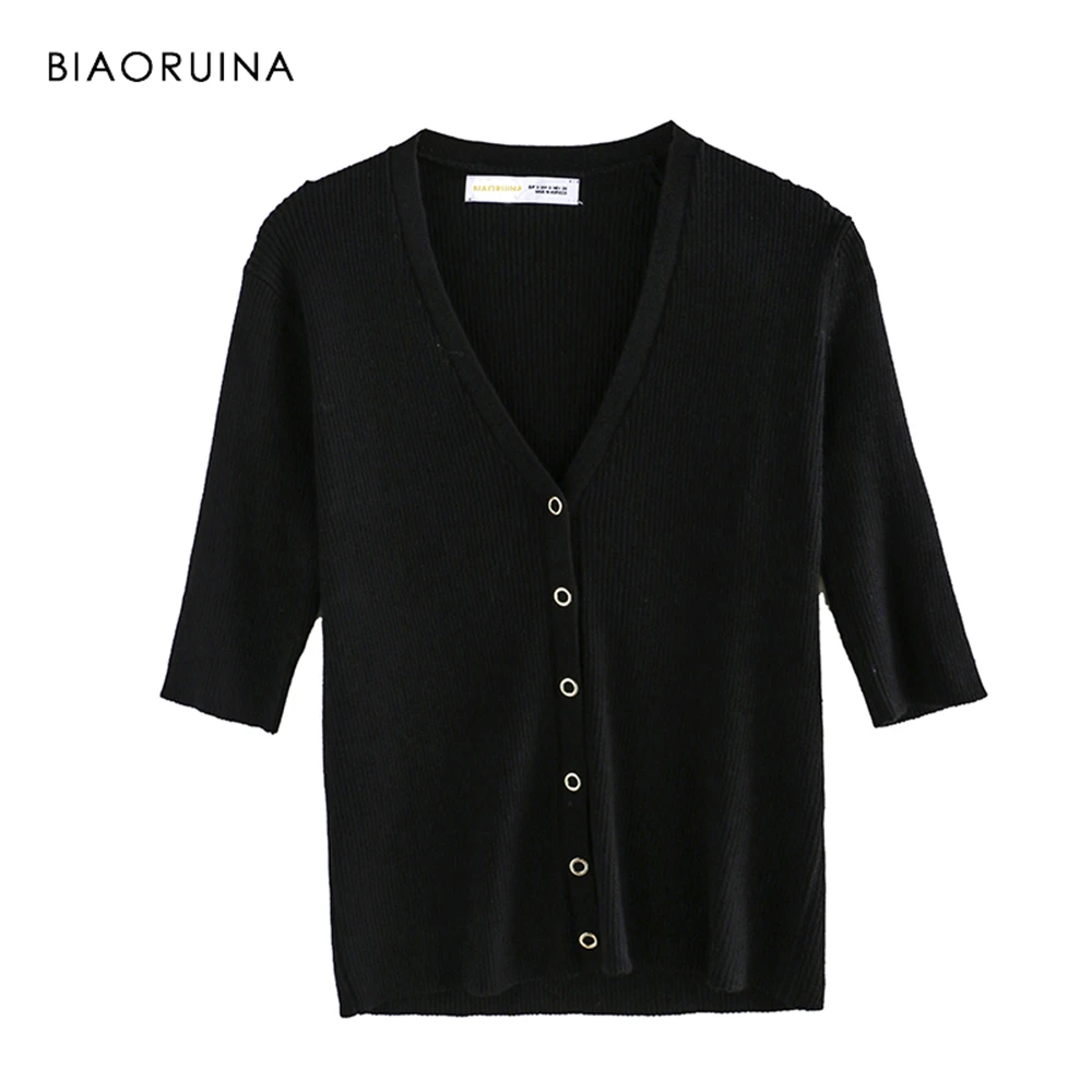 BIAORUINA Women American Style Vertical Solid Stripes Knitted Sweater Female Elegant V-neck Covered Button Casual Cardigans |