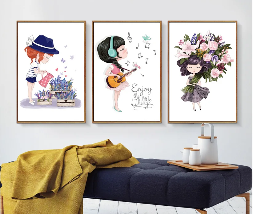 

Nordic simple fresh cartoon girls triple frameless painting spray painting unframed for living room