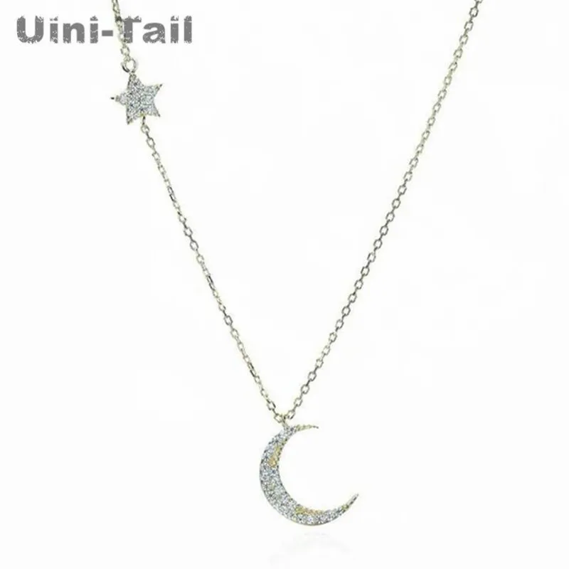 Silver Uini-Tail список стерлингового серебра 925 Корейская версия простого крутого ветра Луны звезды месяц микро-инкрустированное ожерелье - Окраска металла: Silver