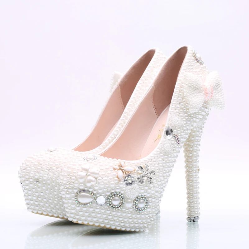 Handmade Women High Heel Shoes White Pearl Wedding Party with Bowtie Nightclub Rhinestone Prom Pumps Bridal | Обувь