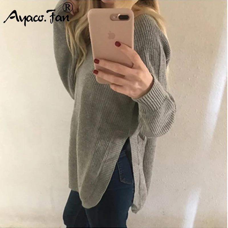 2019 Women Sweaters And Pullovers Autumn Winter New Solid Long Sleeve Irregular Split Pullover Female Casual Knitted Sweater | Женская