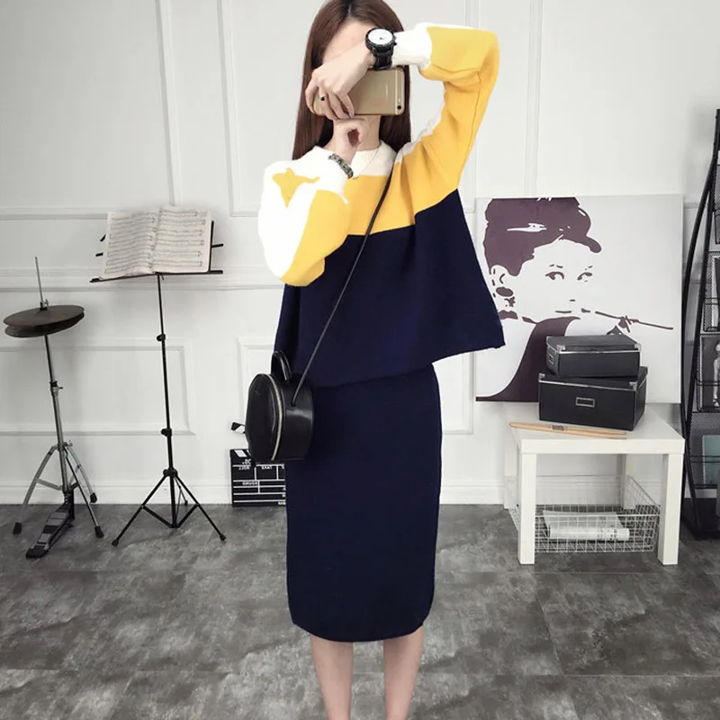 Женский сексуальный осенний вязаный Топ и мини платье комплект из 2 предметов