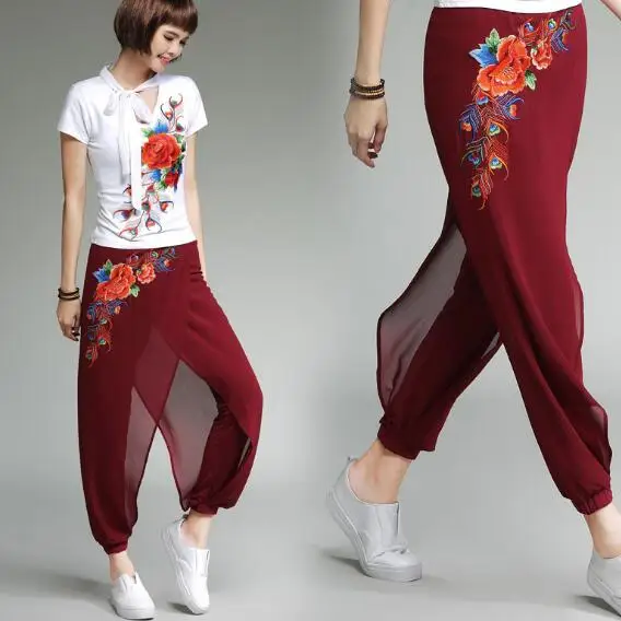 Женские шифоновые шаровары с вышивкой элегантные удобные брюки AH255 лето 2019|Брюки|