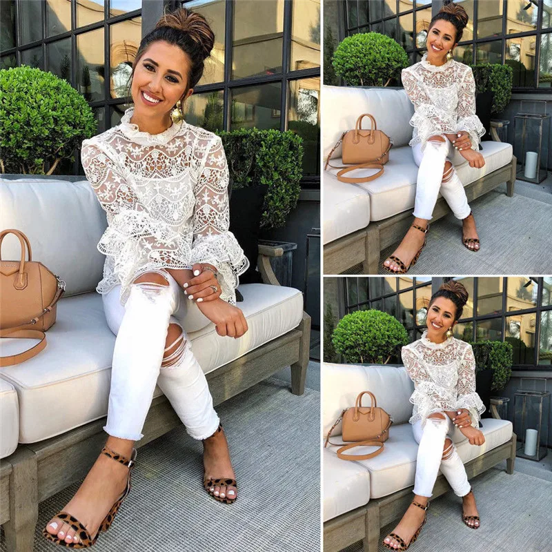 2019 New Style Fashion Summer Flare Sleeve Lace Floral Hollow Out Tops Sexy O-neck White Blouses Ladies Casual Shirts |