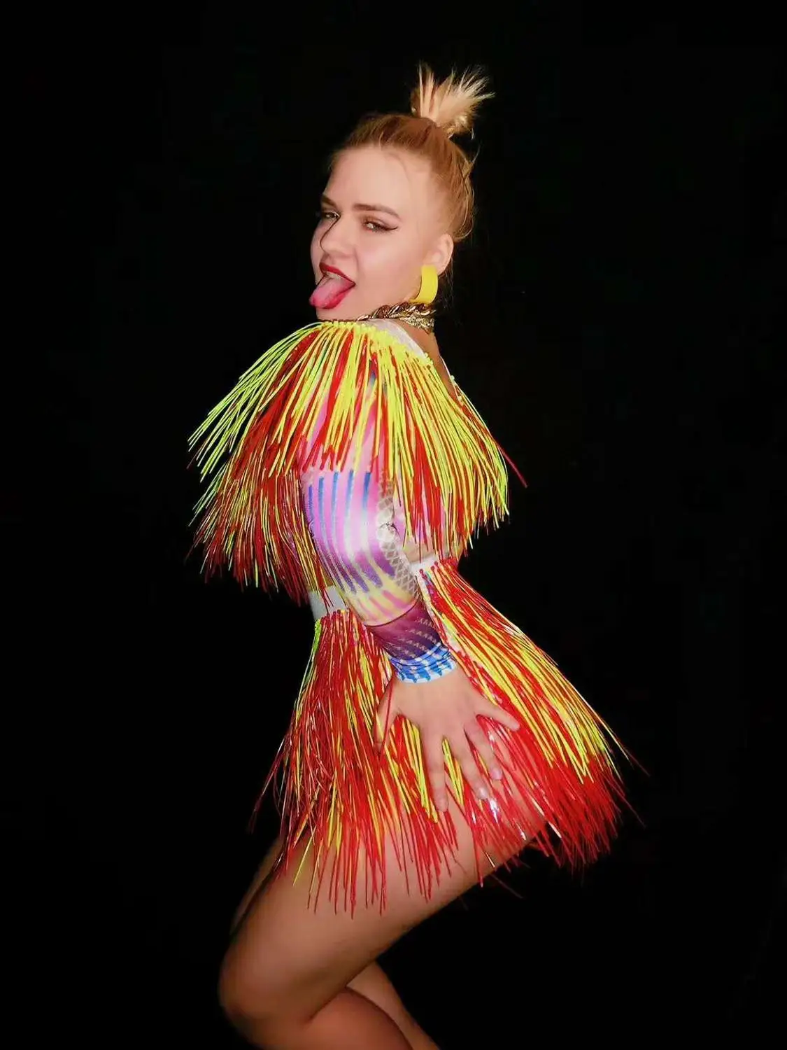 

Stage Performance Fashion Women Stretch Skinny Dress Women Sexy Dance Costumes Two-piece Dress Tassels Singer Performance Wear