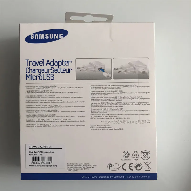 samsung Galaxy, USB зарядное устройство, EU 5V 2A, настенный адаптер, 1 м/1,5 м, кабель Micro Usb Для S4, S6, S7 Edge, j7, j5, j4, j3, A8, A9, коробка