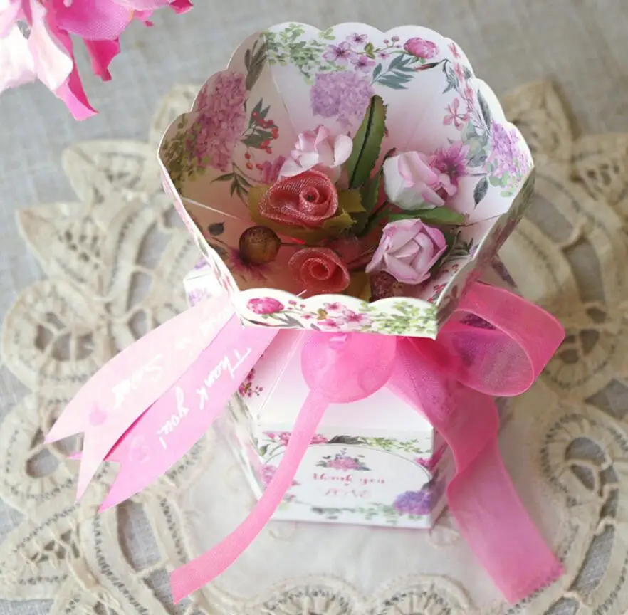 100 шт обработанные лазером коробки для конфет с цветком розовая лента свадебной