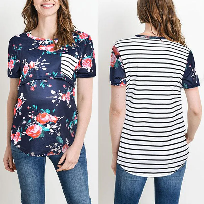 Базовая майка для беременных одежда с круглым вырезом и цветочным принтом