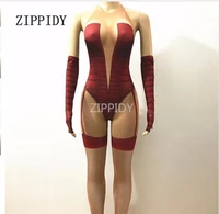 fashion sexy red jumpsuit costume female singer dancer costumes gloves bodysuit oufit nightclub show party