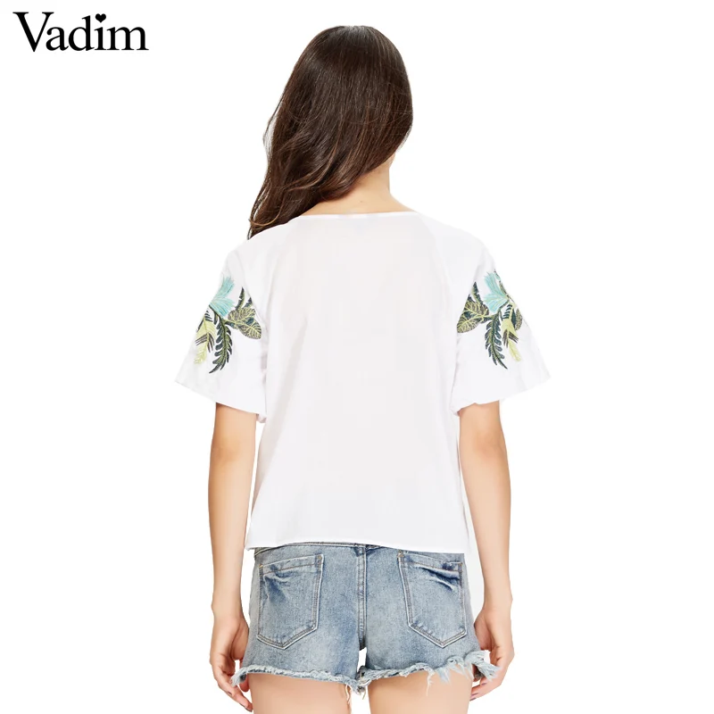 Женское элегантное платье vadim leaf embroidery, рубашки с коротким рукавом и круглым вырезом, белая блузка, женские летние повседневные топы, blusas mujer DT1071