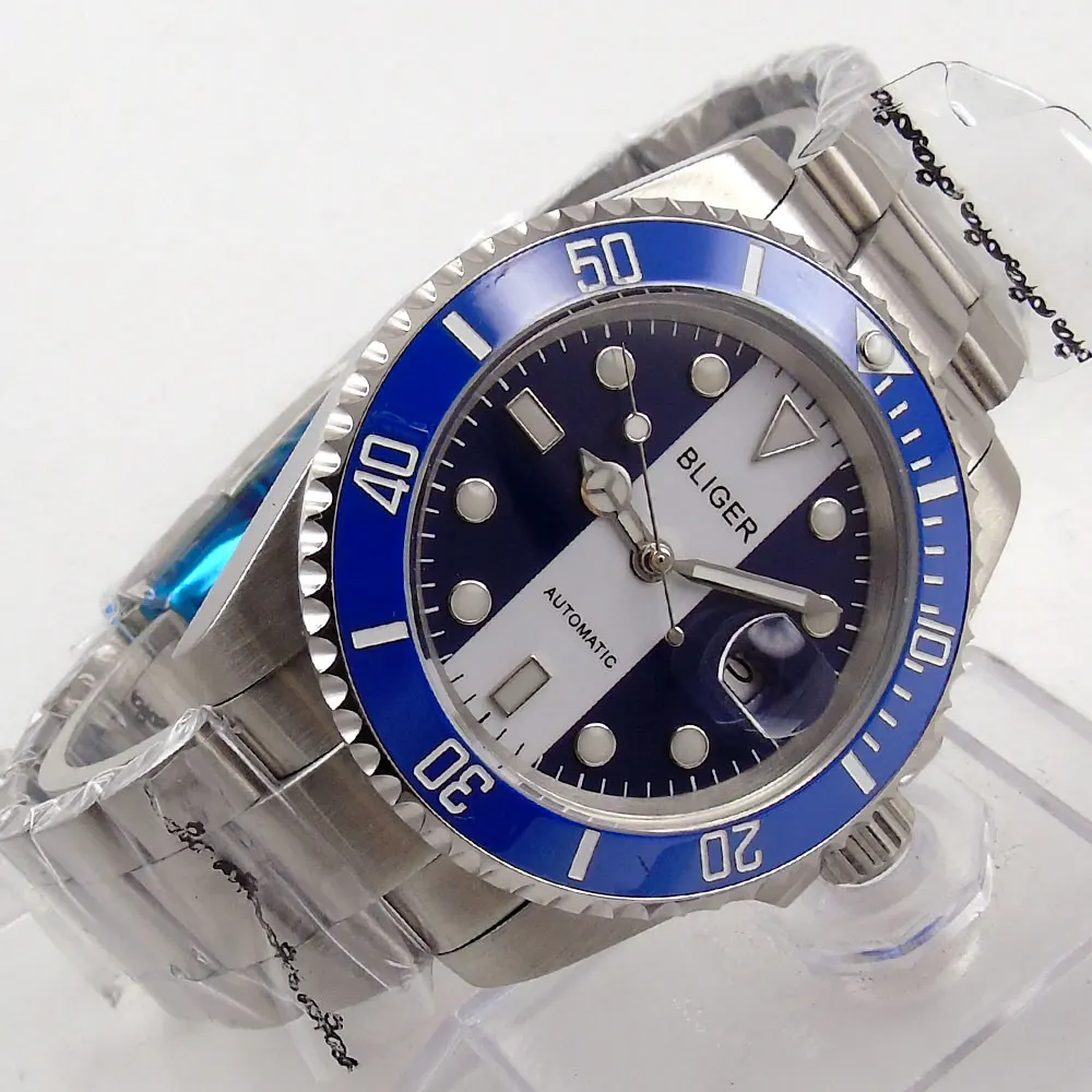 

BLIGER 40MM Black White Dial Blue Ceramic Bezel Stainless Steel Strap Watch Case MIYOTA Automatic Movement Men's Watch