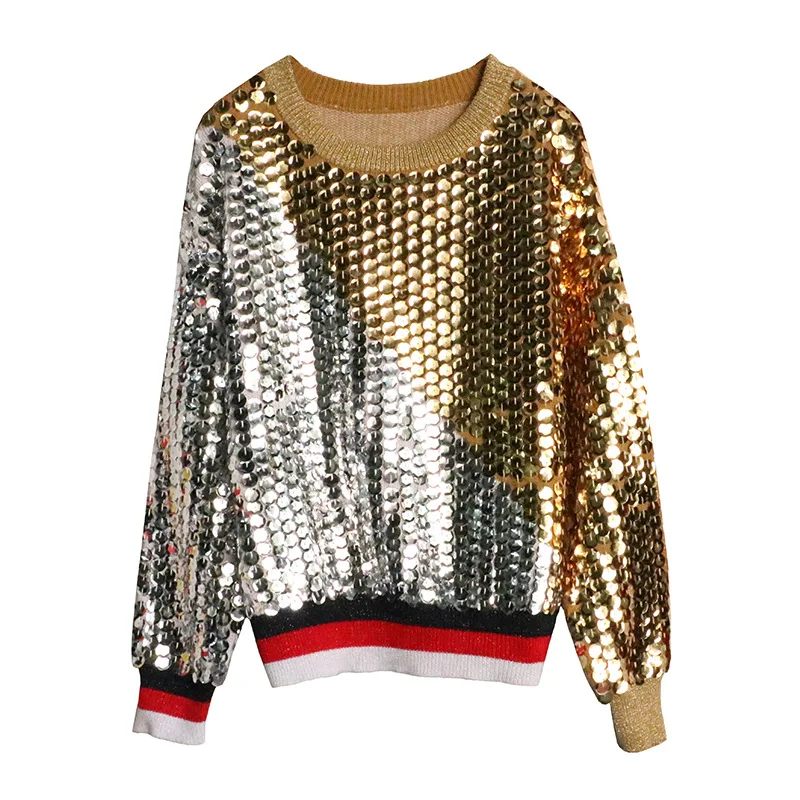 Новинка осени 2018 брендовый женский свитер золотистого и серебристого цвета в